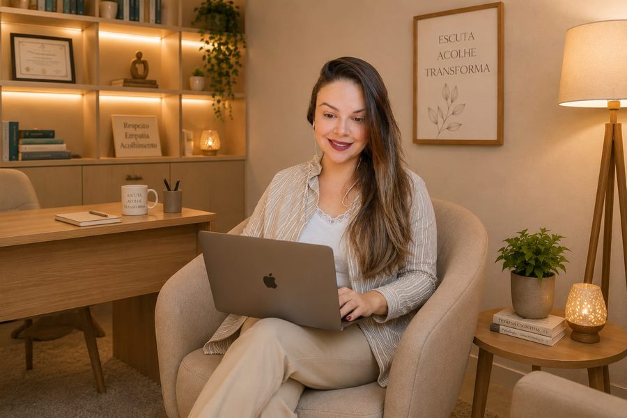 Patrícia Moreira em atendimento online, sentada na poltrona do consultório com o notebook no colo.
