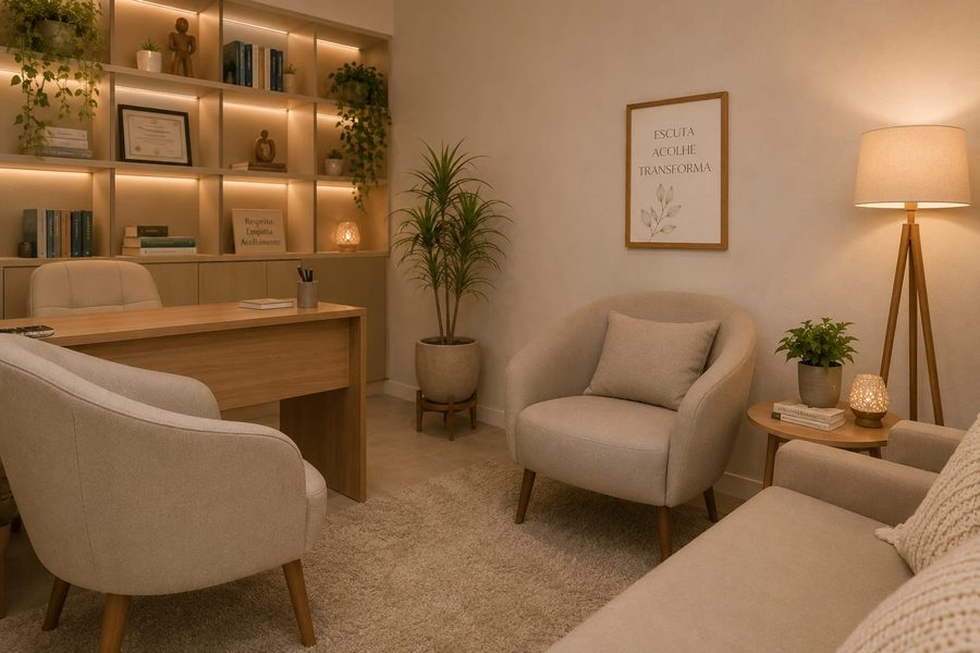 Consultório presencial em Campo Belo: poltronas claras, estante com livros, luminária acesa e plantas.