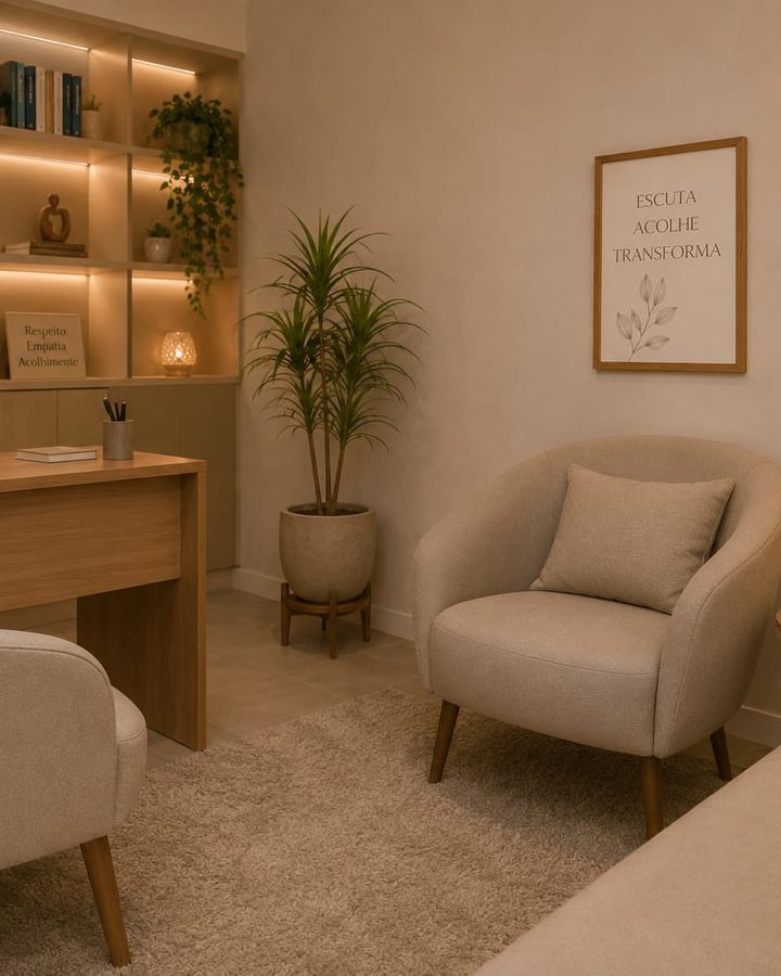 Poltrona de atendimento do consultório em Campo Belo, com planta, luminária acesa e o quadro Escuta, Acolhe, Transforma na parede.