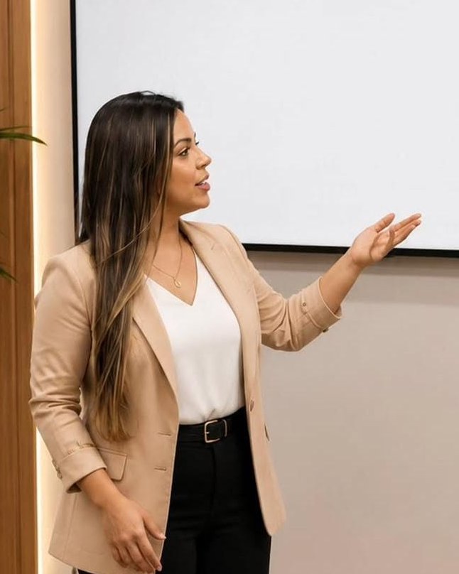 Patrícia Moreira de blazer claro, apresentando.