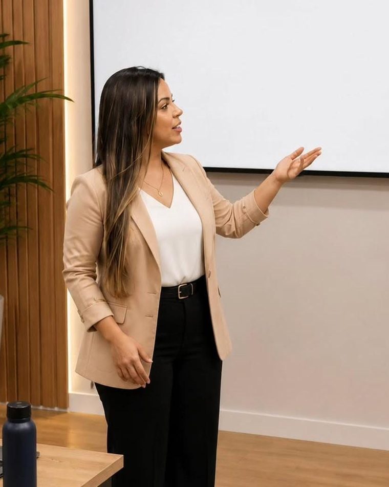 Patrícia Moreira em pé, de blazer claro, apresentando uma palestra.