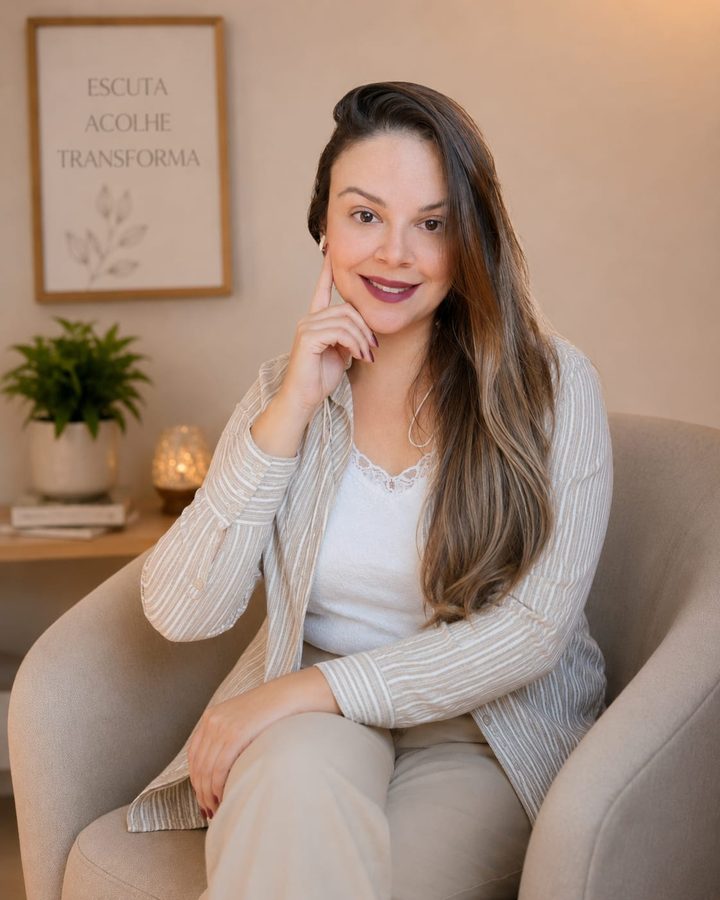 Patrícia Moreira sentada em uma poltrona clara do consultório, com a mão apoiada no rosto, sorrindo para a câmera.
